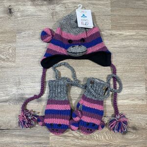 Knitwits Kids HAT + MITTENS Set DeLux Handmade Wool Monkey Stripe One Size